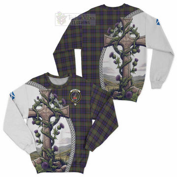 Clelland Tartan Sweatshirt with Family Crest and St. Andrew's Cross Accented by Thistle Vines Unisex - Tartan Vibes Clothing
