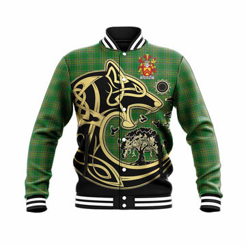 Clelland Irish Tartan Baseball Jacket with Coat of Arms Celtic Wolf Style Unisex - Tartan Vibes Clothing
