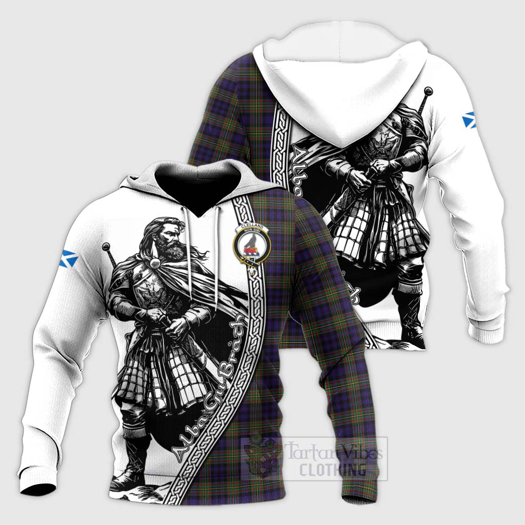 Clelland Tartan Clan Crest Knitted Hoodie with Highlander Warrior Celtic Style Unisex Knitted Pullover Hoodie - Tartan Vibes Clothing