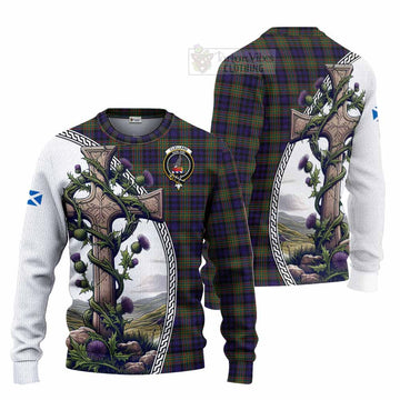 Clelland Tartan Knitted Sweater with Family Crest and St. Andrew's Cross Accented by Thistle Vines Unisex - Tartan Vibes Clothing