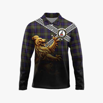 Clelland Crest Tartan Long Sleeve Polo Shirt with Golden Lion Emblem Celtic Style Unisex - Tartan Vibes Clothing