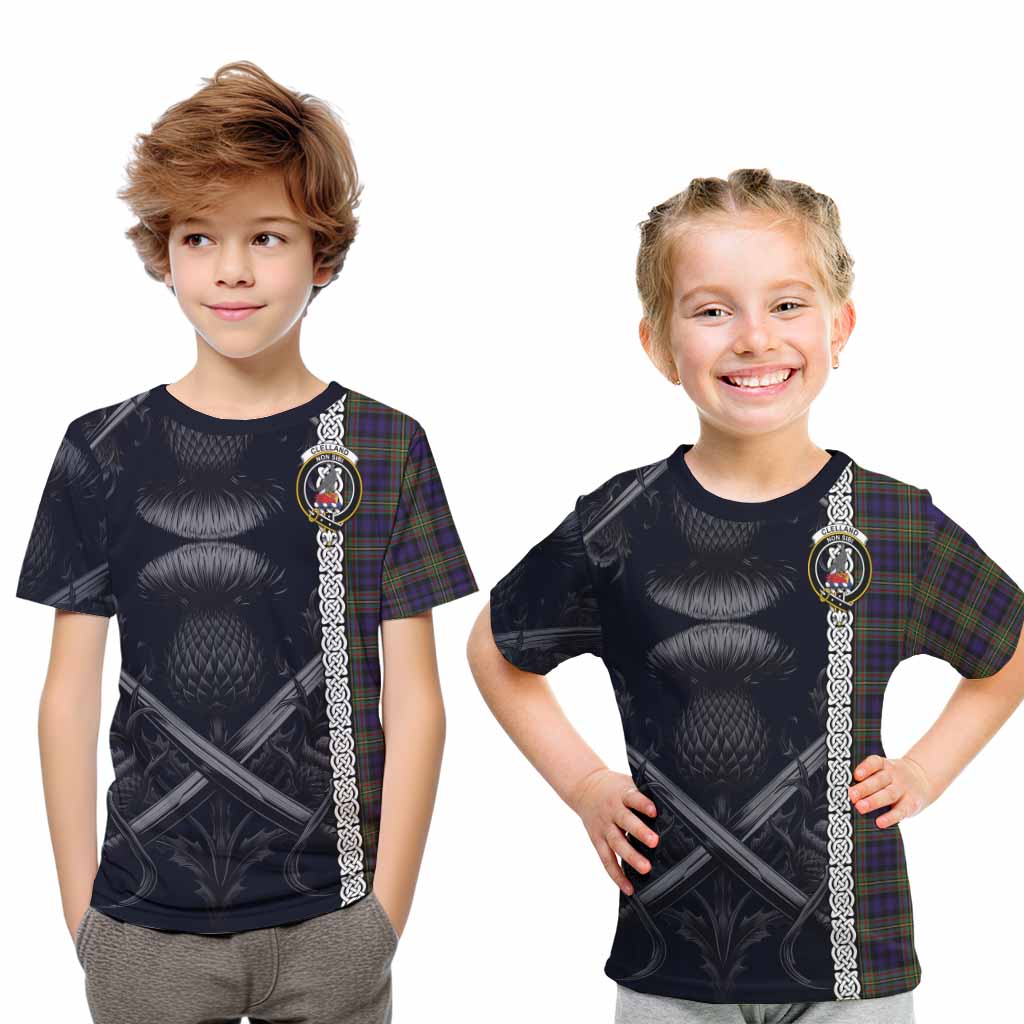 Clelland Tartan Kid T-Shirt with Family Crest Cross Sword Thistle Celtic Vibes Youth XL Size14 - Tartan Vibes Clothing
