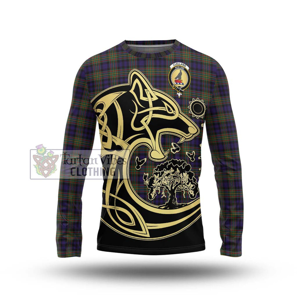 Clelland Tartan Long Sleeve T-Shirt with Family Crest Celtic Wolf Style Unisex - Tartan Vibes Clothing