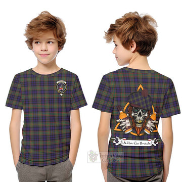 Clelland Tartan Kid T-Shirt with Family Crest and Bearded Skull Holding Bottles of Whiskey Youth XL Size14 - Tartan Vibes Clothing