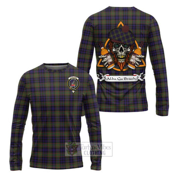 Clelland Tartan Long Sleeve T-Shirt with Family Crest and Bearded Skull Holding Bottles of Whiskey Unisex - Tartan Vibes Clothing