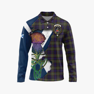 Tartan Vibes Clothing Clelland Tartan Family Crest Long Sleeve Polo Shirt Scottish Thistle Celtic Inspired