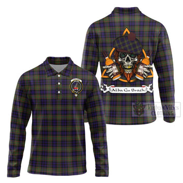 Clelland Tartan Long Sleeve Polo Shirt with Family Crest and Bearded Skull Holding Bottles of Whiskey Unisex - Tartan Vibes Clothing
