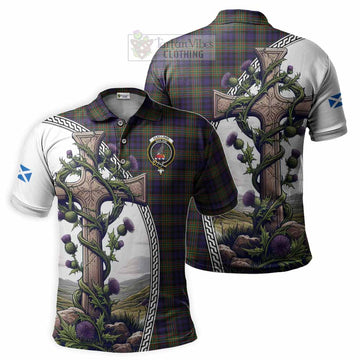 Clelland Tartan Polo Shirt with Family Crest and St. Andrew's Cross Accented by Thistle Vines Kid - Tartan Vibes Clothing
