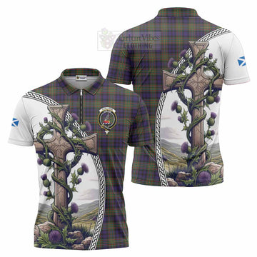 Clelland Tartan Zipper Polo Shirt with Family Crest and St. Andrew's Cross Accented by Thistle Vines Unisex - Tartan Vibes Clothing