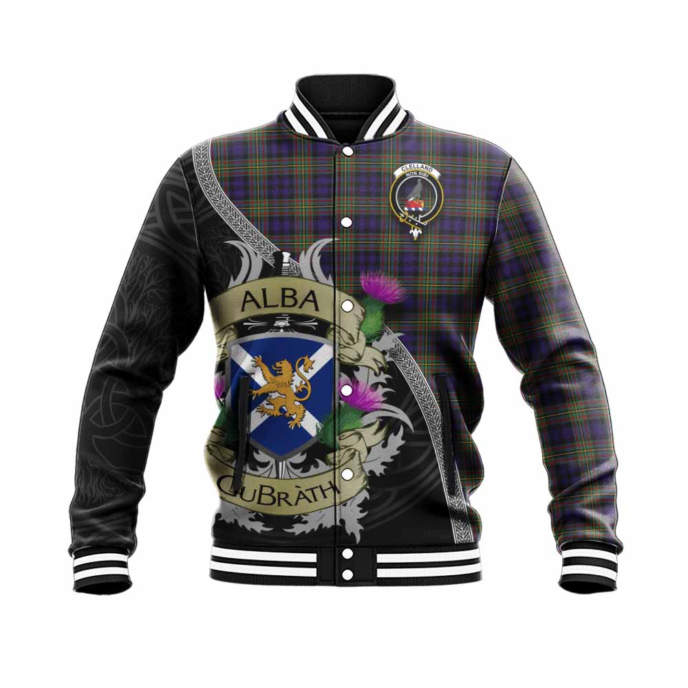 Clelland Tartan Family Crest Baseball Jacket Lion Rampant Royal Thistle Shield Celtic Inspired Unisex - Tartan Vibes Clothing