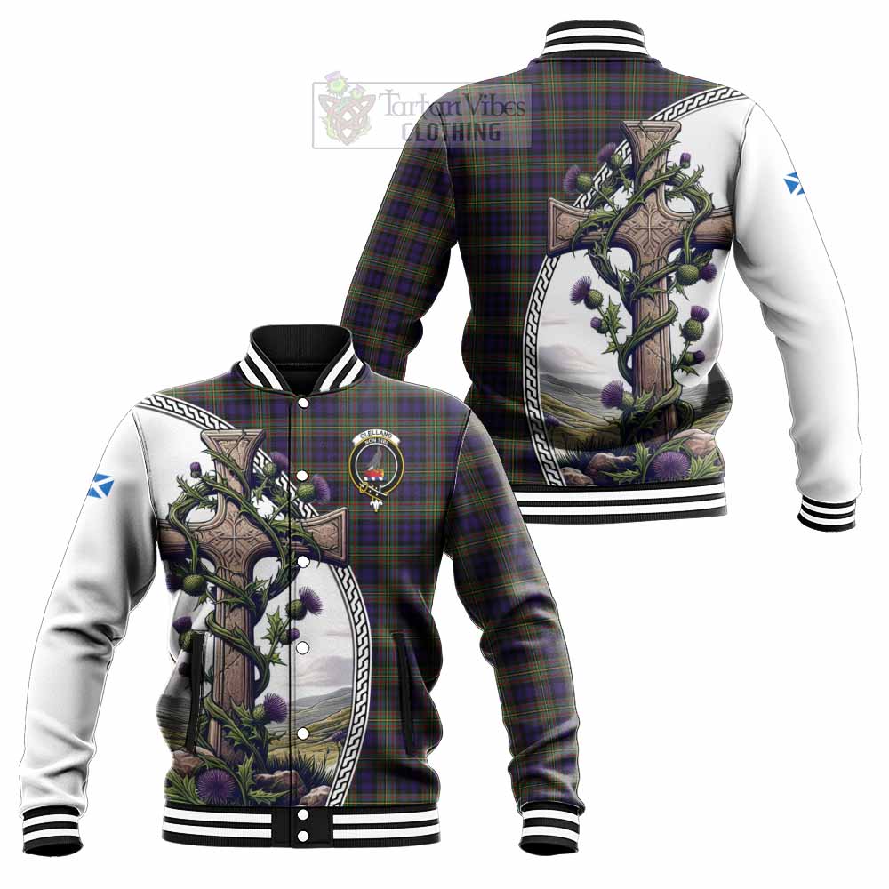 Clelland Tartan Baseball Jacket with Family Crest and St. Andrew's Cross Accented by Thistle Vines Unisex - Tartan Vibes Clothing
