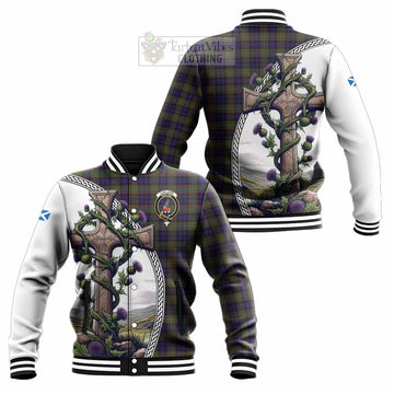 Clelland Tartan Baseball Jacket with Family Crest and St. Andrew's Cross Accented by Thistle Vines Unisex - Tartan Vibes Clothing