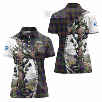 Clelland Tartan Women's Polo Shirt with Family Crest and St. Andrew's Cross Accented by Thistle Vines Women - Tartan Vibes Clothing