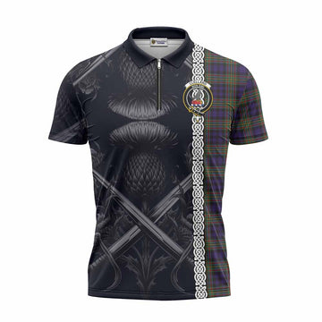 Clelland Tartan Zipper Polo Shirt with Family Crest Cross Sword Thistle Celtic Vibes Unisex - Tartan Vibes Clothing