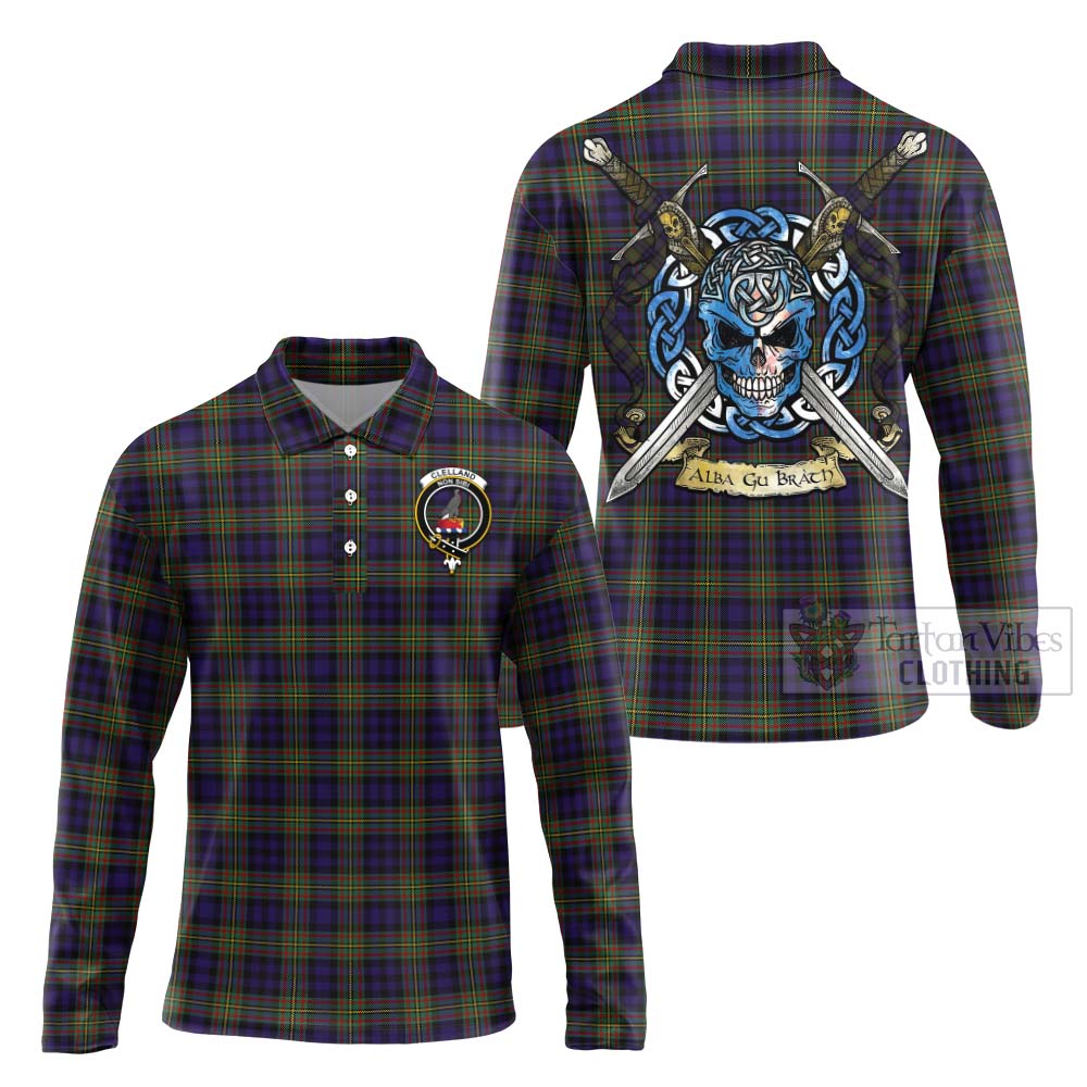 Clelland Tartan Long Sleeve Polo Shirt with Family Crest Celtic Skull Style Unisex - Tartan Vibes Clothing