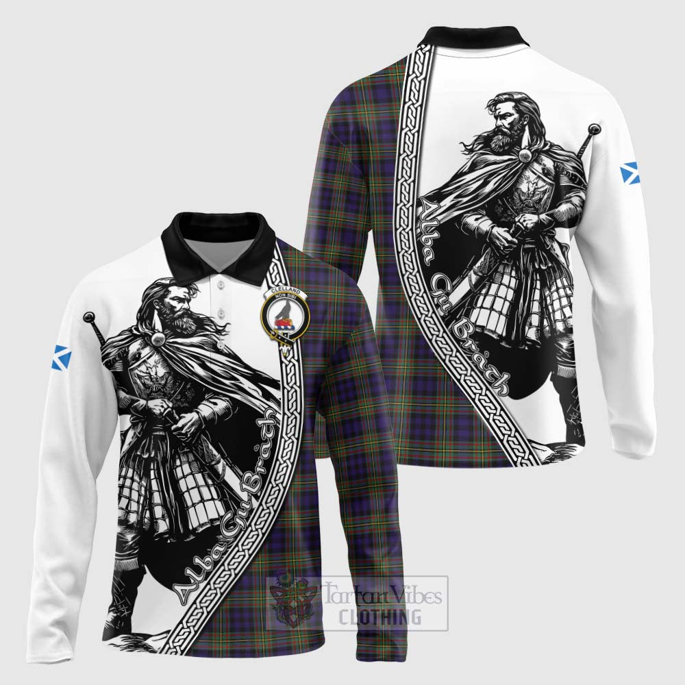 Clelland Tartan Clan Crest Long Sleeve Polo Shirt with Highlander Warrior Celtic Style Unisex - Tartan Vibes Clothing