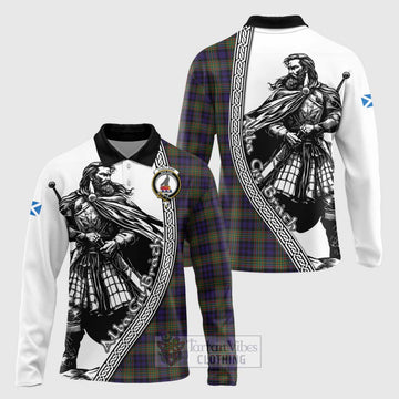 Clelland Tartan Clan Crest Long Sleeve Polo Shirt with Highlander Warrior Celtic Style Unisex - Tartan Vibes Clothing
