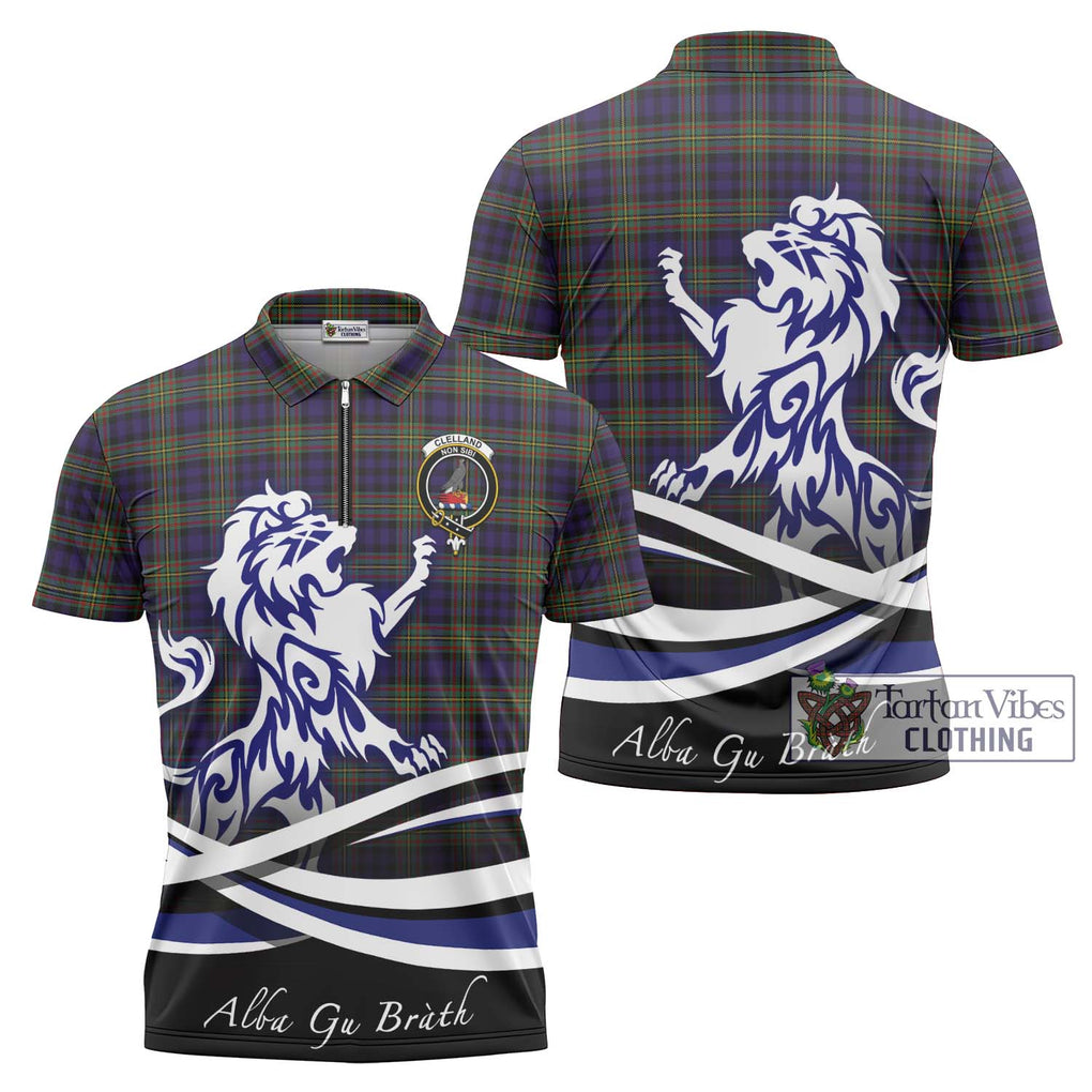 Clelland Tartan Zipper Polo Shirt with Alba Gu Brath Regal Lion Emblem Unisex - Tartan Vibes Clothing