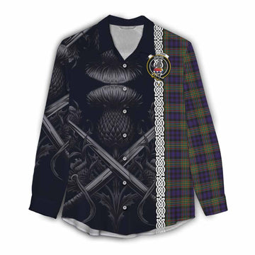 Clelland Tartan Women's Casual Shirt with Family Crest Cross Sword Thistle Celtic Vibes Female - Tartan Vibes Clothing