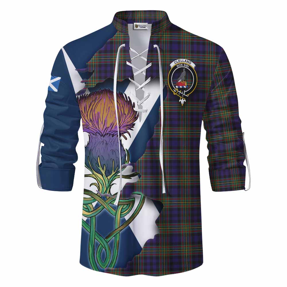 Tartan Vibes Clothing Clelland Tartan Family Crest Ghillie Kilt Shirt Scottish Thistle Celtic Inspired