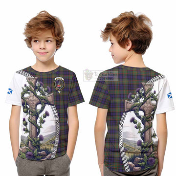Clelland Tartan Kid T-Shirt with Family Crest and St. Andrew's Cross Accented by Thistle Vines Youth XL Size14 - Tartan Vibes Clothing