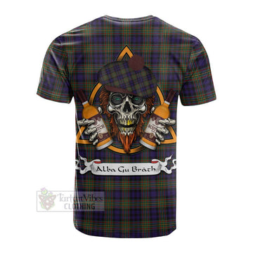 Clelland Tartan Cotton T-shirt with Family Crest and Bearded Skull Holding Bottles of Whiskey - Tartan Vibes Clothing