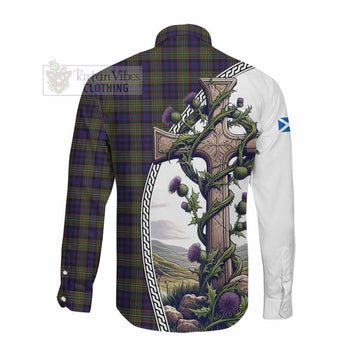 Clelland Tartan Long Sleeve Button Shirt with Family Crest and St. Andrew's Cross Accented by Thistle Vines Men's Shirt - Tartan Vibes Clothing