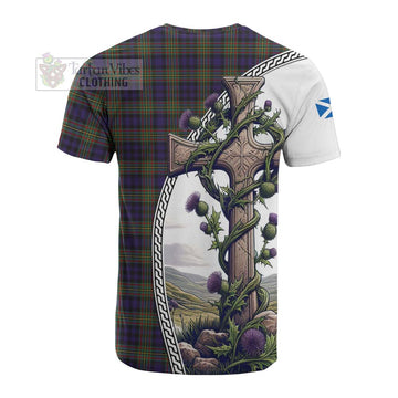 Clelland Tartan Cotton T-shirt with Family Crest and St. Andrew's Cross Accented by Thistle Vines - Tartan Vibes Clothing