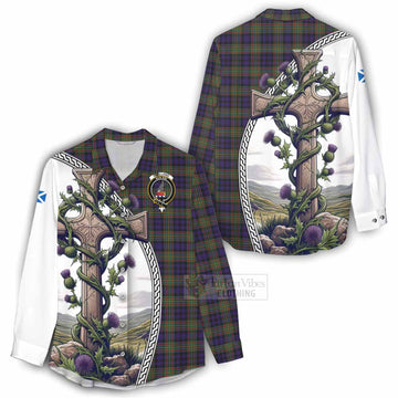 Clelland Tartan Women's Casual Shirt with Family Crest and St. Andrew's Cross Accented by Thistle Vines - Tartan Vibes Clothing