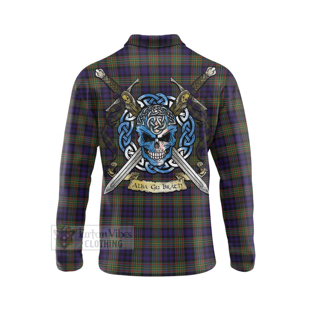 Clelland Tartan Long Sleeve Polo Shirt with Family Crest Celtic Skull Style - Tartan Vibes Clothing