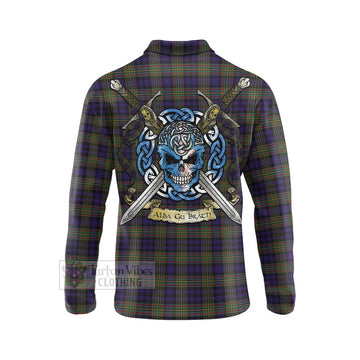 Clelland Tartan Long Sleeve Polo Shirt with Family Crest Celtic Skull Style - Tartan Vibes Clothing