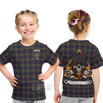 Clelland Tartan Kid T-Shirt with Family Crest and Bearded Skull Holding Bottles of Whiskey - Tartan Vibes Clothing