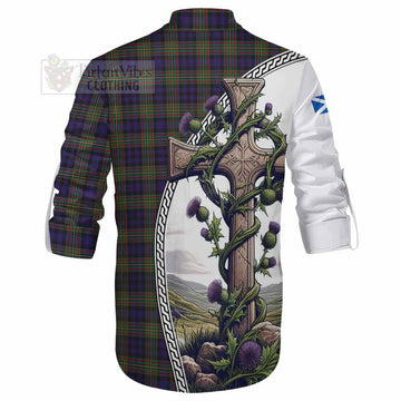 Clelland Tartan Ghillie Kilt Shirt with Family Crest and St. Andrew's Cross Accented by Thistle Vines - Tartan Vibes Clothing