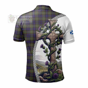 Clelland Tartan Polo Shirt with Family Crest and St. Andrew's Cross Accented by Thistle Vines - Tartan Vibes Clothing