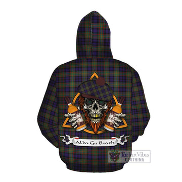 Clelland Tartan Cotton Hoodie with Family Crest and Bearded Skull Holding Bottles of Whiskey Pullover Hoodie - Tartan Vibes Clothing
