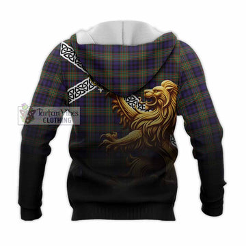 Clelland Crest Tartan Knitted Hoodie with Golden Lion Emblem Celtic Style - Tartan Vibes Clothing