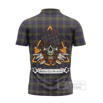 Clelland Tartan Zipper Polo Shirt with Family Crest and Bearded Skull Holding Bottles of Whiskey - Tartan Vibes Clothing