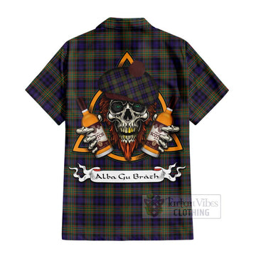 Clelland Tartan Hawaiian Shirt with Family Crest and Bearded Skull Holding Bottles of Whiskey - Tartan Vibes Clothing