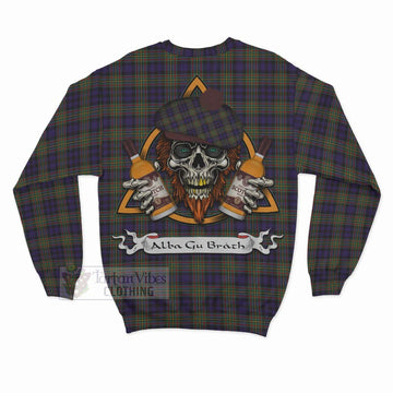 Clelland Tartan Sweatshirt with Family Crest and Bearded Skull Holding Bottles of Whiskey - Tartan Vibes Clothing