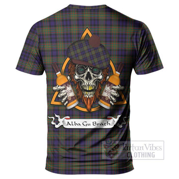 Clelland Tartan T-Shirt with Family Crest and Bearded Skull Holding Bottles of Whiskey - Tartan Vibes Clothing