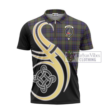 Clelland Tartan Zipper Polo Shirt with Family Crest and Celtic Symbol Style - Tartan Vibes Clothing