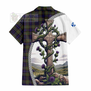 Clelland Tartan Hawaiian Shirt with Family Crest and St. Andrew's Cross Accented by Thistle Vines - Tartan Vibes Clothing