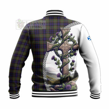 Clelland Tartan Baseball Jacket with Family Crest and St. Andrew's Cross Accented by Thistle Vines - Tartan Vibes Clothing