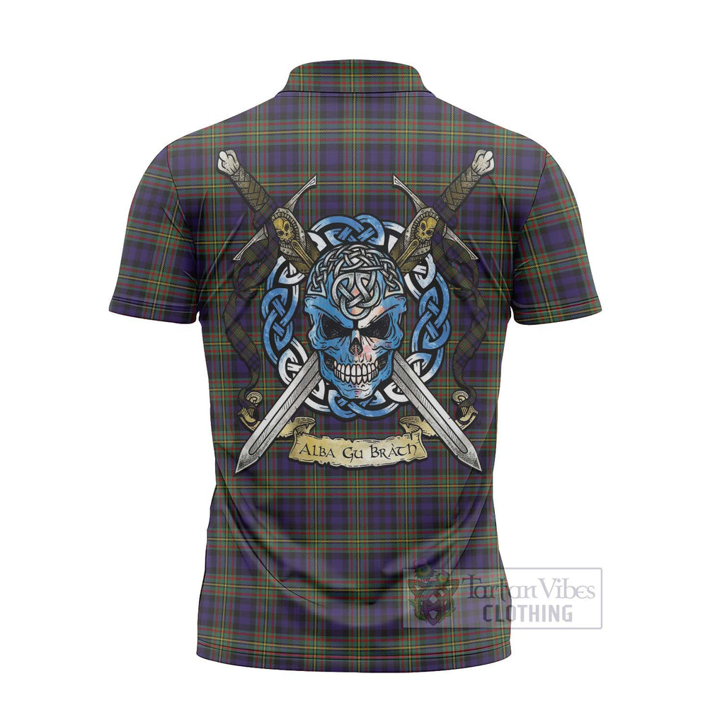 Clelland Tartan Zipper Polo Shirt with Family Crest Celtic Skull Style - Tartan Vibes Clothing