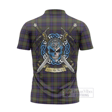 Clelland Tartan Zipper Polo Shirt with Family Crest Celtic Skull Style - Tartan Vibes Clothing