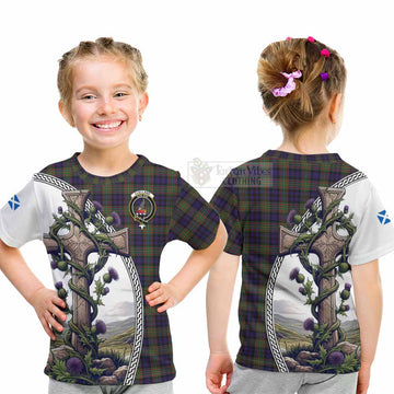 Clelland Tartan Kid T-Shirt with Family Crest and St. Andrew's Cross Accented by Thistle Vines - Tartan Vibes Clothing