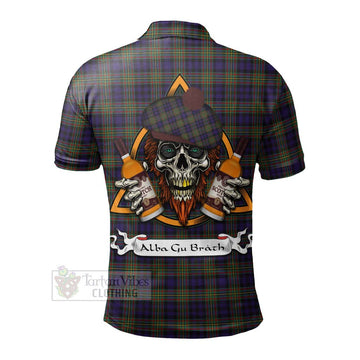 Clelland Tartan Polo Shirt with Family Crest and Bearded Skull Holding Bottles of Whiskey - Tartan Vibes Clothing
