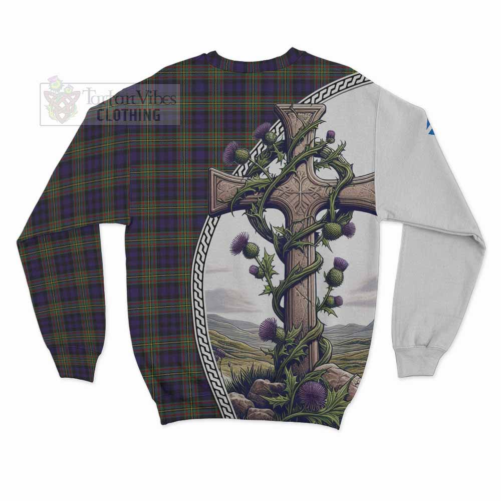 Clelland Tartan Sweatshirt with Family Crest and St. Andrew's Cross Accented by Thistle Vines - Tartan Vibes Clothing