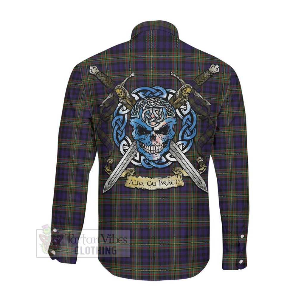 Clelland Tartan Long Sleeve Button Shirt with Family Crest Celtic Skull Style Men's Shirt - Tartan Vibes Clothing