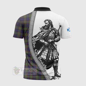 Clelland Tartan Clan Crest Zipper Polo Shirt with Highlander Warrior Celtic Style - Tartan Vibes Clothing